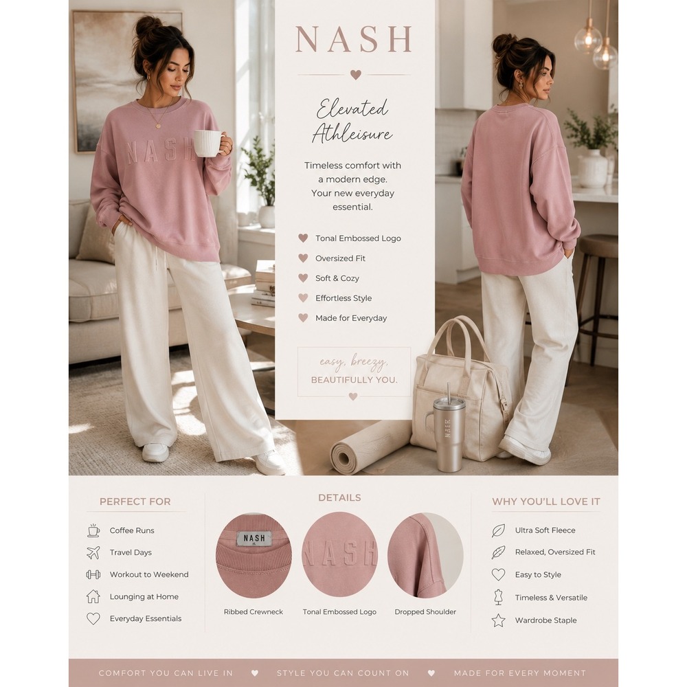NASH Elevated Athleisure Oversized Fleece Sweatshirt Mauve Pink Tonal Logo M/L